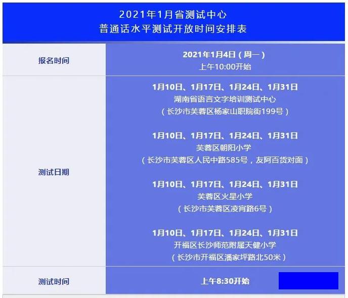 2021年1月湖南省普通话水平测试开放时间安排表